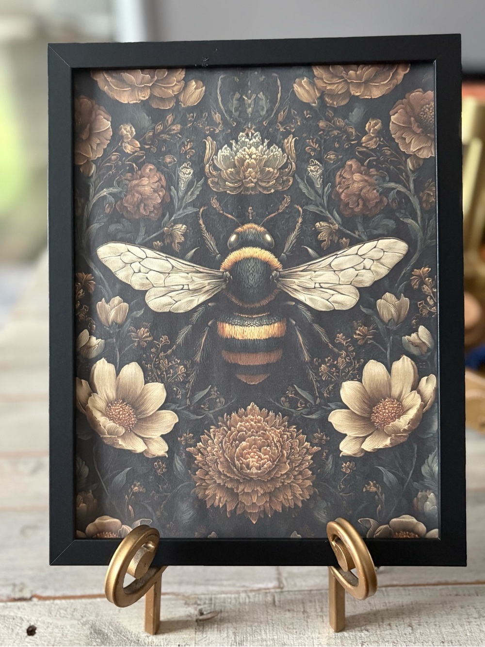 Framed 8x10 Bee & Floral Art Print - Neutral Gold Accent